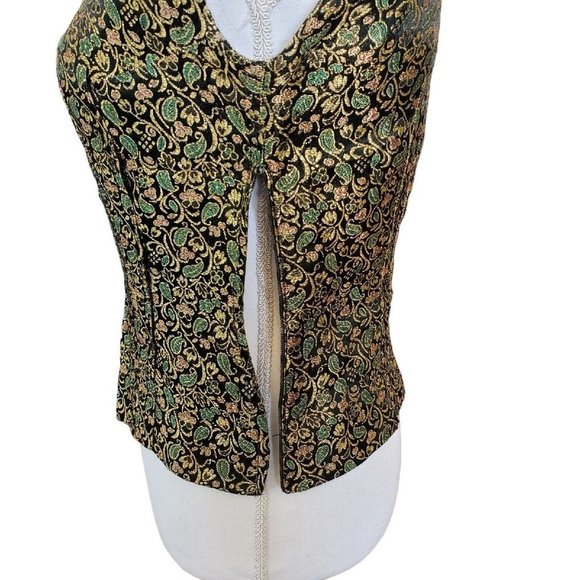 Vintage 40s Green Floral Metallic Sleeveless Top Side Zip‎ Gold Black XS/S - Picture 6 of 8